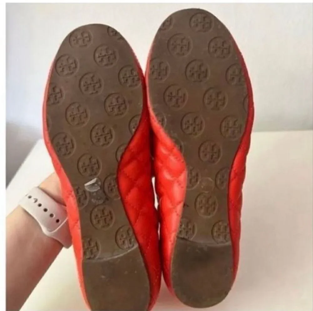 Tory Burch Minnie Quilted Leather Ballet Flats Vibrant Orange Fall Preppy Sz 6.5